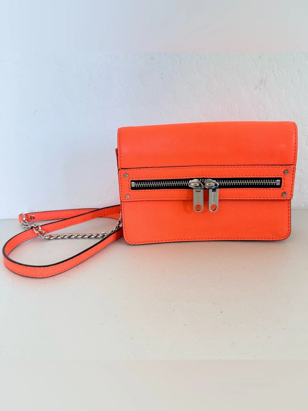 Milly Riley Small Crossbody Bag Clutch in neon coral leather